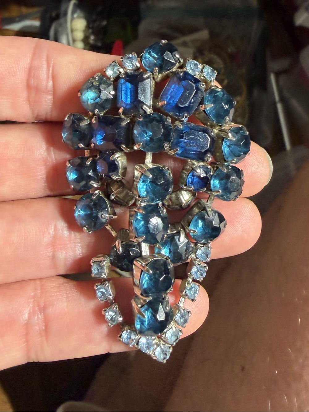 Vintage Silver Tone Blue Crystal Brooch